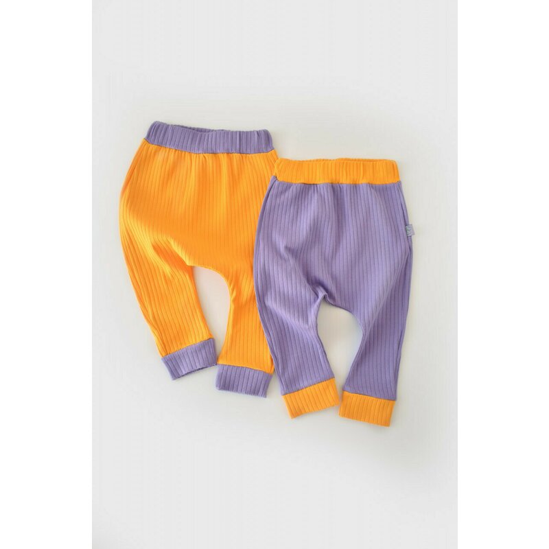 Set 2 pantaloni Ribana Bebe Unisex din bumbac organic si 5%elastan - Galben/Mov (Marime: 9-12 luni)