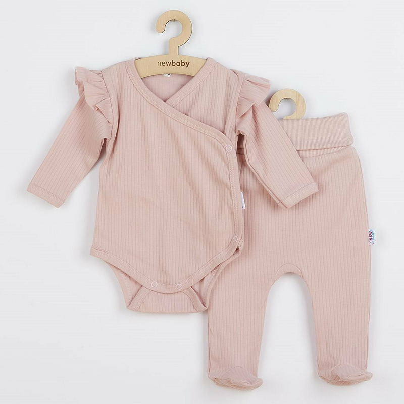 Set 2 piese: body cu maneca lunga si volanas, pantaloni cu botosei, marime 56, din bumbac 100%, new baby, practical pink