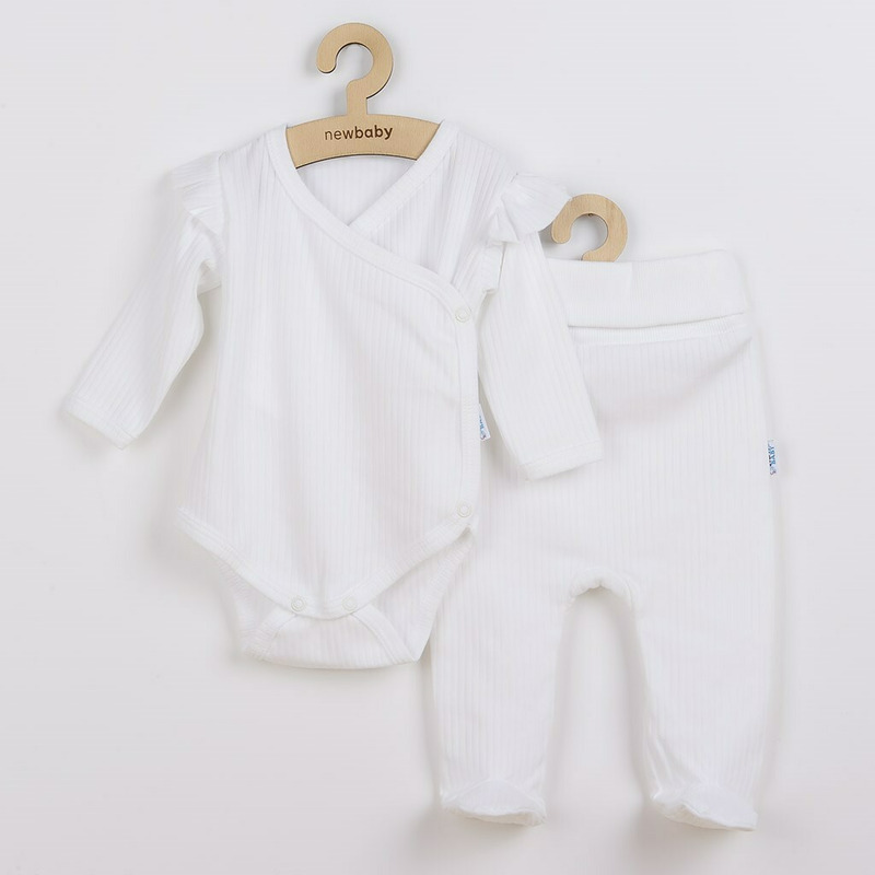 Set 2 piese: body cu maneca lunga si volanas, pantaloni cu botosei, marime 56, din bumbac 100%, new baby, practical white