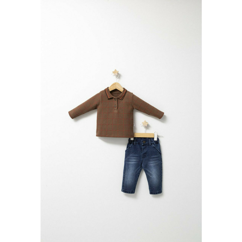 Set 2 piese cu bluzita si pantaloni de blugi forest pentru baietei, tongs baby (culoare: albastru, marime: 6-9 luni)