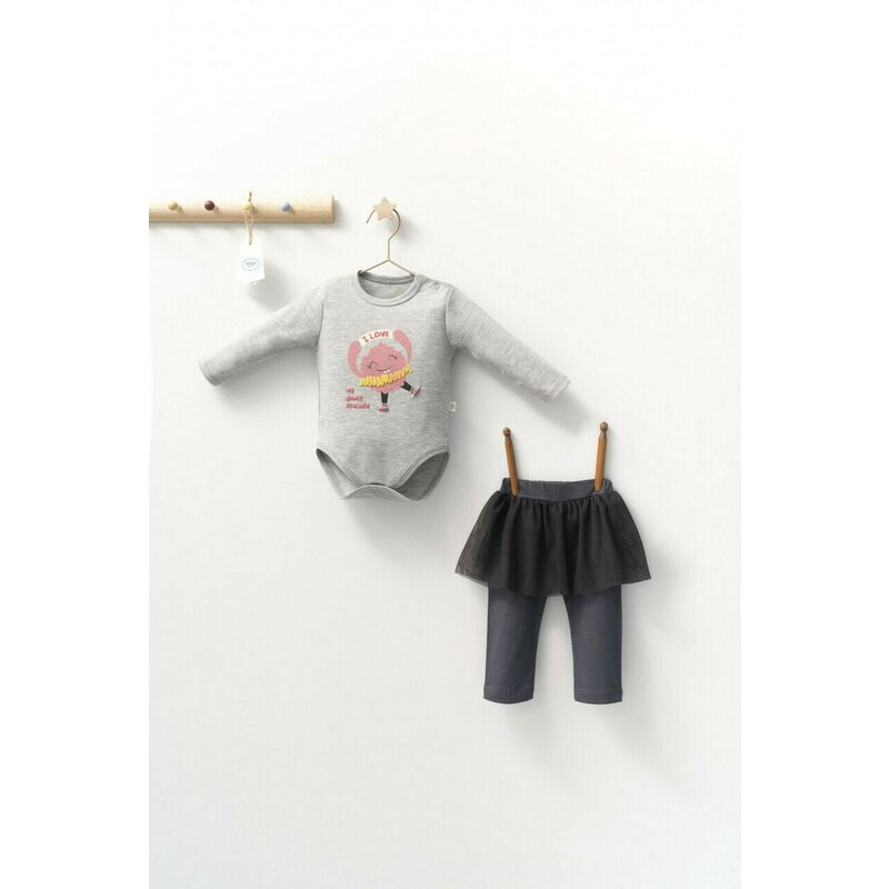 Tongs baby - Set 2 piese cu body si pantalonasi cu tulle pentru fetite Monster, (Culoare: Gri, Marime: 18-24 Luni)