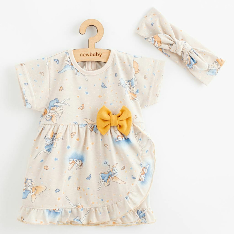 Set 2 piese: rochita pentru fetite cu fundita, bentita pentru cap, Marime 74, Din bumbac 100%, New Baby, Fairy