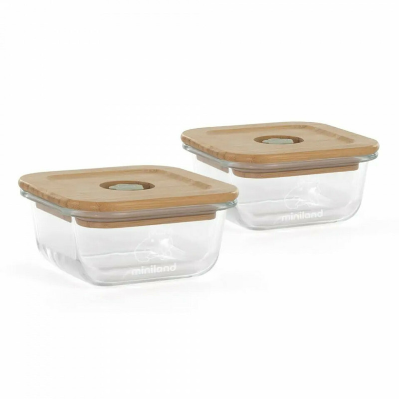 Set 2 recipiente din sticla etanse cu capac din bambus 210 ml frog