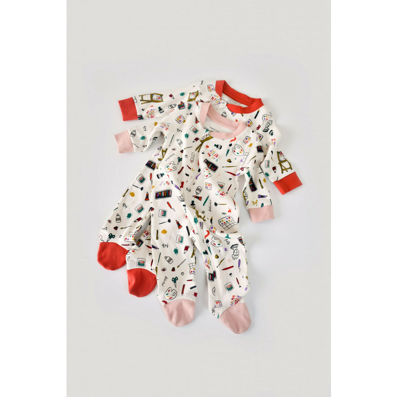 Set 2 salopetele cu maneca lunga si panataloni cu botosei si fermoar - 100%bumbac organic - portocaliu si pudra, baby cosy (marime: 3-6 luni)
