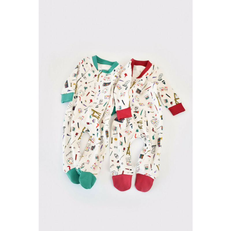 Set 2 salopetele cu maneca lunga si panataloni cu botosei si fermoar - 100%bumbac organic - rosu si verde, baby cosy (marime: 3-6 luni)