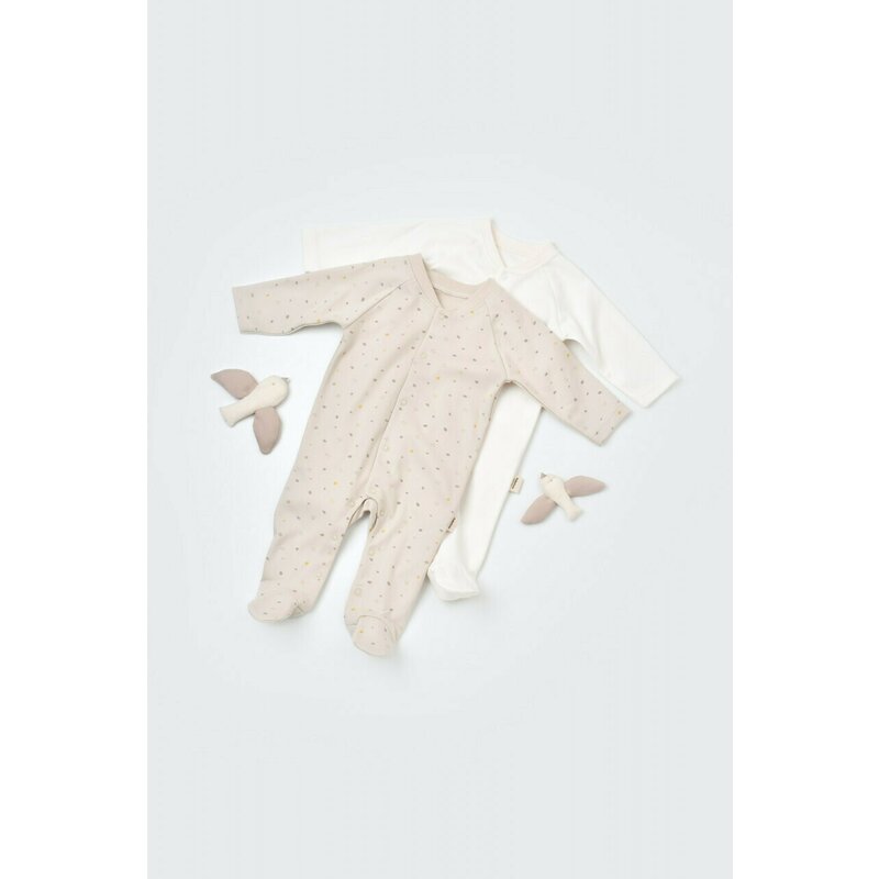 Babycosy - Set 2 salopetele cu maneca lunga si panataloni lungi cu botosei - 100%bumbac organic - Crem cu buline, Baby Cosy (Marime: 3-6 Luni)