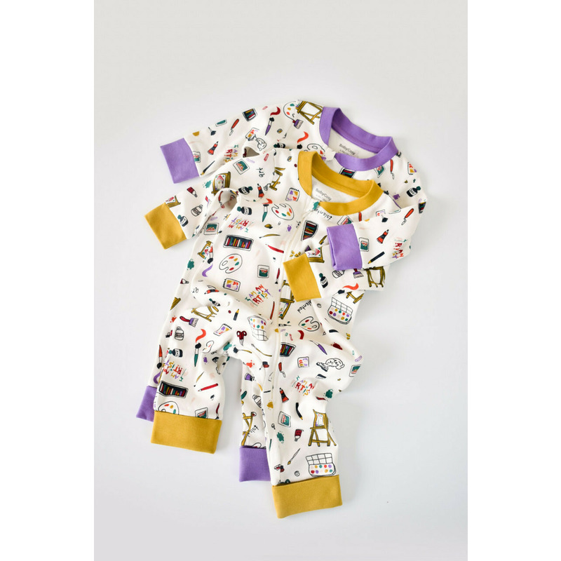 Set 2 salopetele cu maneca lunga si panataloni lungi cu fermoar - 100%bumbac organic - galben si mov, baby cosy (marime: 9-12 luni)