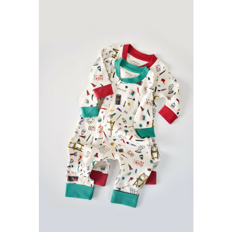 Set 2 salopetele cu maneca lunga si panataloni lungi cu fermoar - 100%bumbac organic - rosu si verde, baby cosy (marime: 6-9 luni)