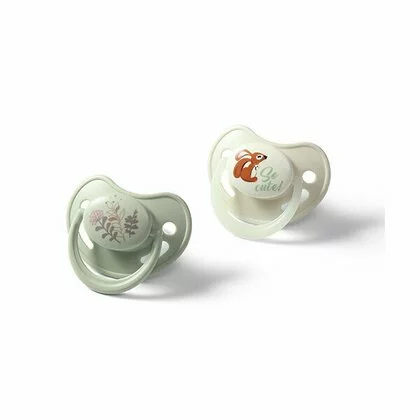 Set 2 suzete bebelusi, BabyOno, 6-18 luni, Anatomice, Maner fosforescent, Fara BPA, Scut ventilat Air Flow, Usor de sterilizat, Verde/ Bej