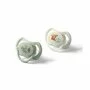 Set 2 suzete bebelusi, BabyOno, 6-18 luni, Varf aplatizat bilateral, Dezvoltare corecta a muscaturii, Maner fosforescent, Scut ventilat Air Flow, Fara BPA, Usor de sterilizat, Verde/ Bej
