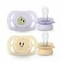 Set 2 suzete bebelusi, Philips Avent, Ultra Start, Ortodontice, Silicon moale, Usoare, Fara inel si fara BPA, Conceputa pentru gurite micute, 0-2 luni, Deco Galben/Mov