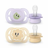 Set 2 suzete bebelusi, Philips Avent, Ultra Start, Ortodontice, Silicon moale, Usoare, Fara inel si fara BPA, Conceputa pentru gurite micute, 0-2 luni, Deco Galben/Mov