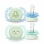 Set 2 suzete bebelusi, Philips Avent, Ultra Start, Ortodontice, Silicon moale, Usoare, Fara inel si fara BPA, Fosforescente, Fara BPA, 0-2 luni, Cu model, Verde/Albastru