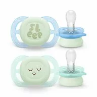 Set 2 suzete bebelusi, Philips Avent, Ultra Start, Ortodontice, Silicon moale, Usoare, Fara inel si fara BPA, Fosforescente, Fara BPA, 0-2 luni, Cu model, Verde/Albastru