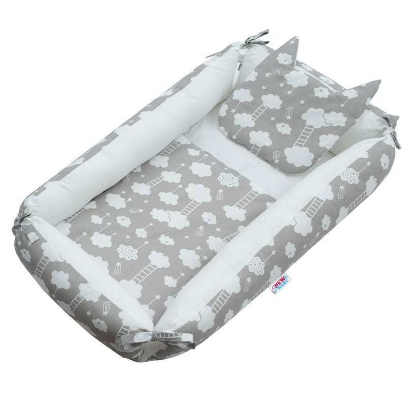 Set 3 piese, baby nest multifunctional, cu paturica si pernuta cu urechi, new baby, cloud grey