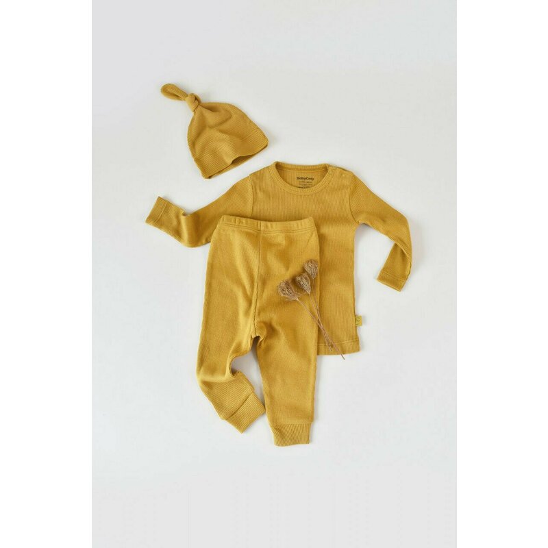 Babycosy - set 3 piese: bluzita cu maneca lunga, panataloni lungi si caciulita din bumbac organic si modal - sofran, baby cosy (marime: 12-18 luni)