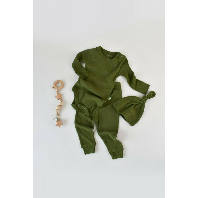Babycosy - Set 3 piese: body cu maneca lunga, panataloni lungi si caciulita din bumbac organic si modal - Verde, Baby Cosy (Marime: 12-18 Luni)