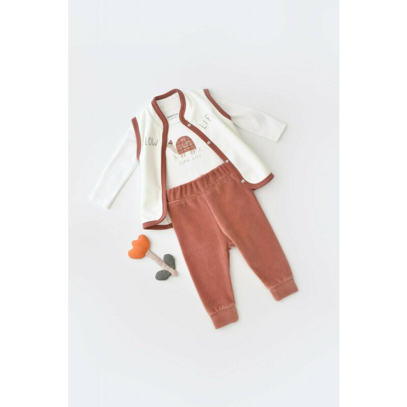 Babycosy - set 3 piese broscuta cu body, pantalonasi si vestuta din 80%bumbac organic si 20% poliester - caramiziu, baby cosy (marime: 3-6 luni)