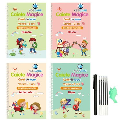 Kidscare - Set 4 caiete in limba romana si stilou magic pentru scris si desenat, rechizite scolare, multicolor, 19 cm X 13 cm