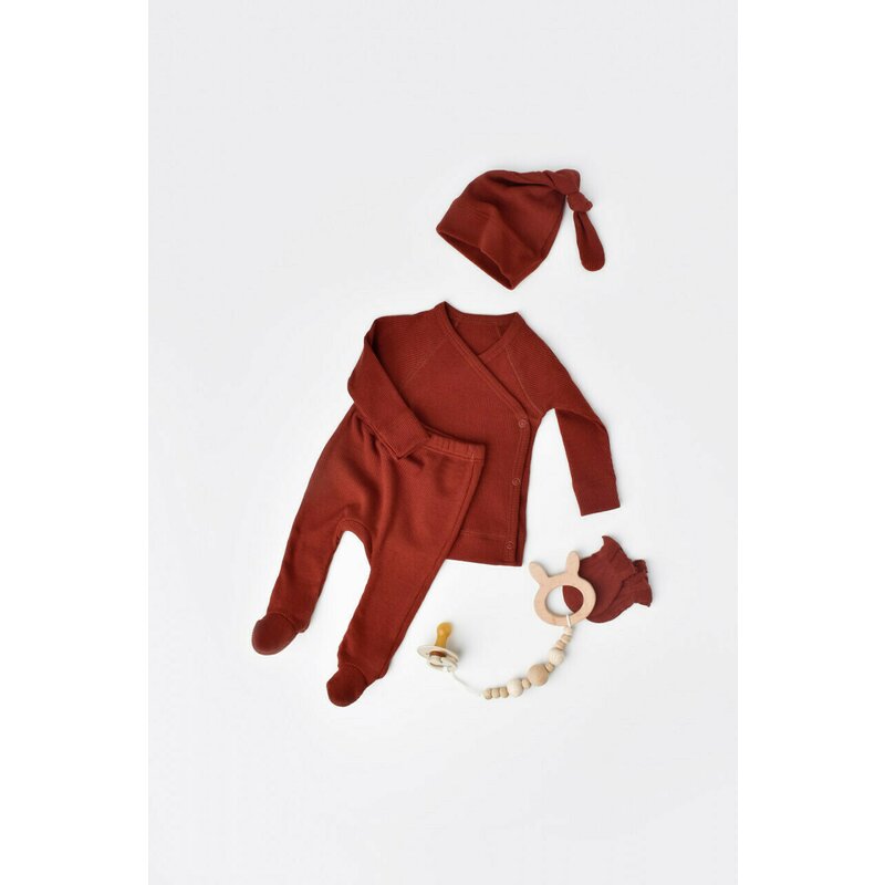 Babycosy - set 4 piese: bluza, pantaloni, caciulita si manusi din bumbac organic si modal - caramiziu, baby cosy (marime: 3-6 luni)