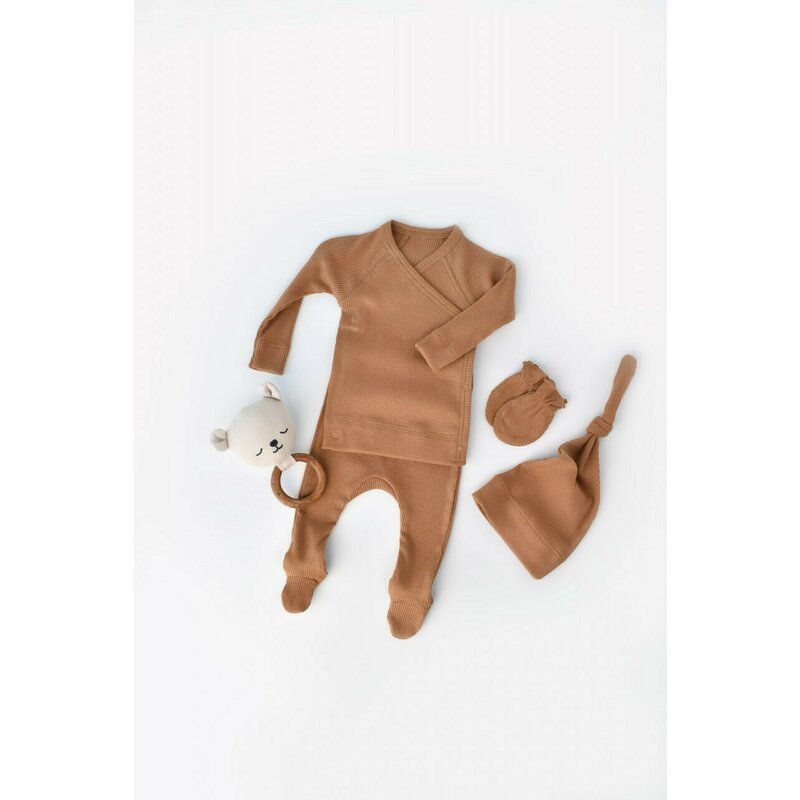 Babycosy - set 4 piese: bluza, pantaloni, caciulita si manusi din bumbac organic si modal - maro, baby cosy (marime: 0-3 luni)