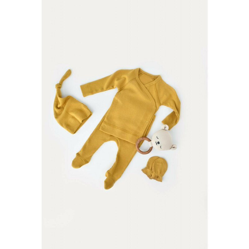 Babycosy - set 4 piese: bluza, pantaloni, caciulita si manusi din bumbac organic si modal - mustar, baby cosy (marime: 3-6 luni)