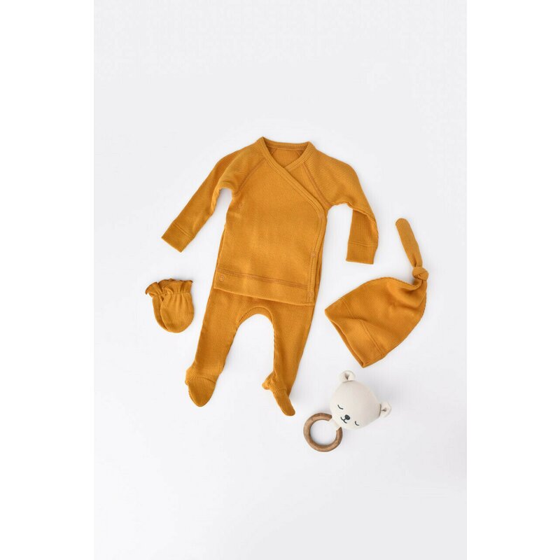 Babycosy - set 4 piese: bluza, pantaloni, caciulita si manusi din bumbac organic si modal - sofran, baby cosy (marime: 0-3 luni)