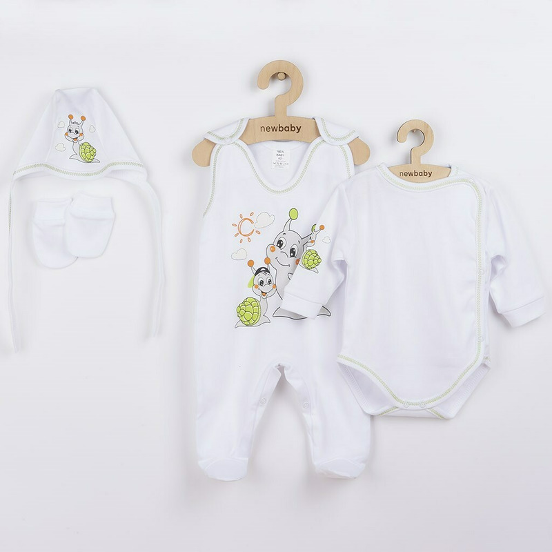 Set 4 piese: body cu maneca lunga, salopeta fara maneci, caciulita, manusi, Marime 56, Din bumbac 100%, New Baby, Snail