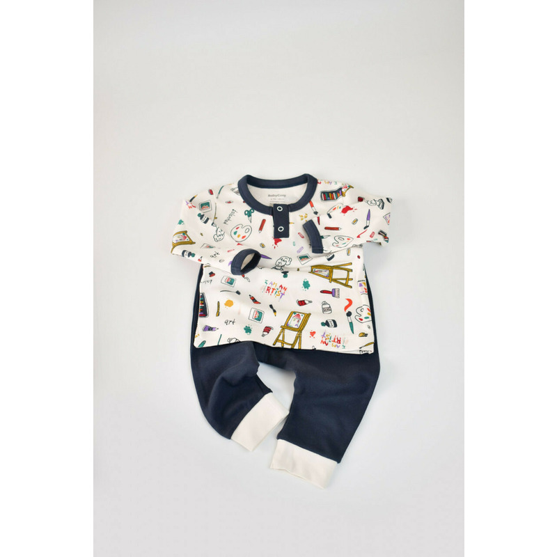 Set bluzita cu maneca lunga si nasturei si panataloni lungi, 100% bumbac organic, babycosy, bleumarin (marime: 9-12 luni)