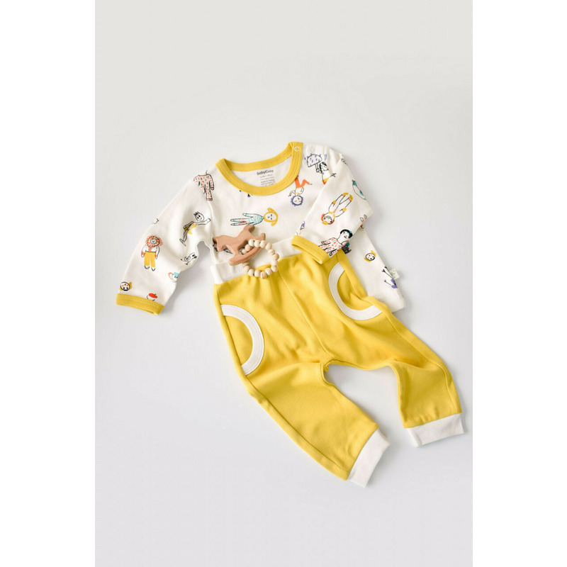Set bluzita cu maneca lunga si panataloni lungi, 100% bumbac organic, babycosy, galben (marime: 6-9 luni)