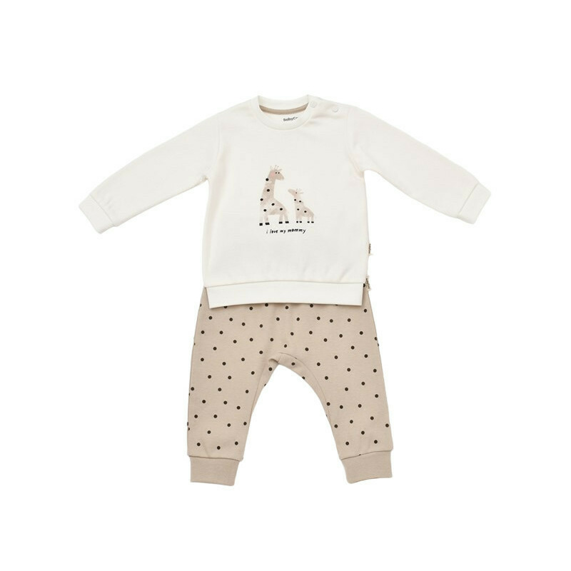 Set bluzita cu maneca lunga si panataloni lungi cu buline girafa, babycosy, 100% bumbac organic, ecru (marime: 9-12 luni)