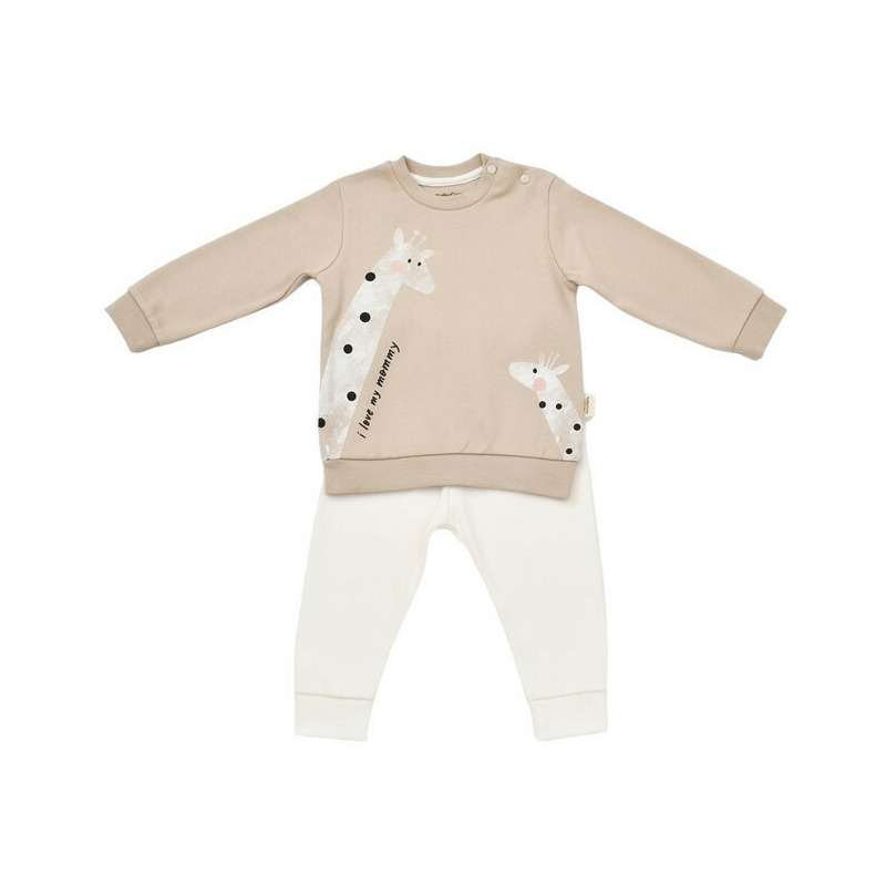 Set bluzita cu maneca lunga si panataloni lungi cu buline girafa, babycosy, 100% bumbac organic, mink (marime: 6-9 luni)