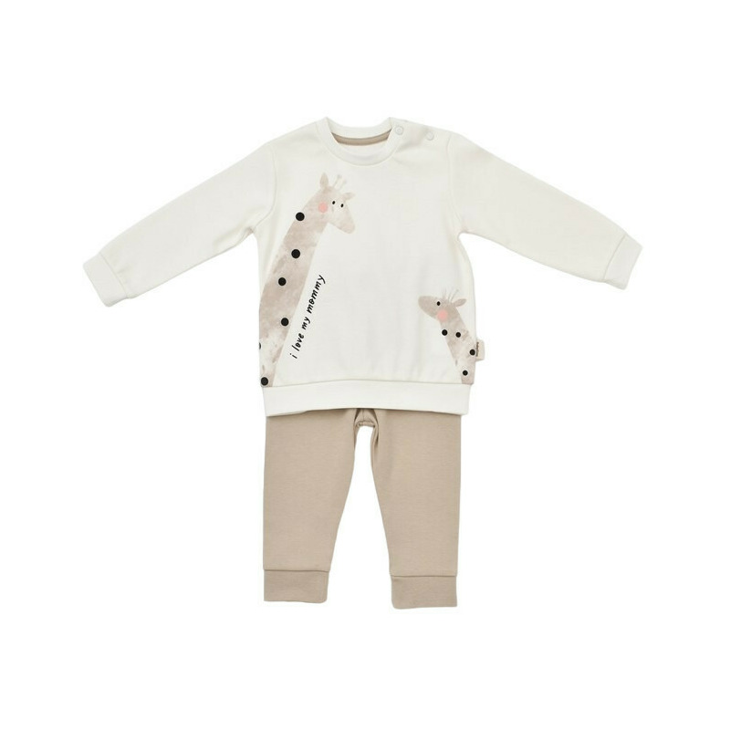 Set bluzita cu maneca lunga si panataloni lungi girafa, babycosy, 100% bumbac organic, ecru (marime: 18-24 luni)