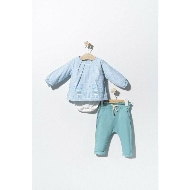 Tongs baby - Set bluzita de vara cu pantalonasi pentru bebelusi Cats, (Culoare: Albastru, Marime: 18-24 Luni)