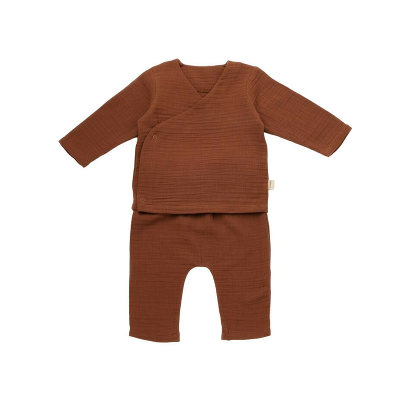 Set bluzita petrecuta si panataloni lungi din muselina, baby cosy, 100% bumbac organic, caramiziu (marime: 9-12 luni)