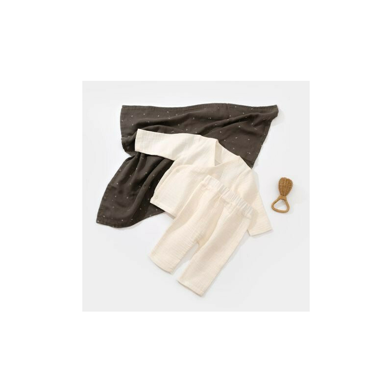 Set bluzita petrecuta si panataloni lungi din muselina, baby cosy, 100% bumbac organic, ecru (marime: 3-6 luni)