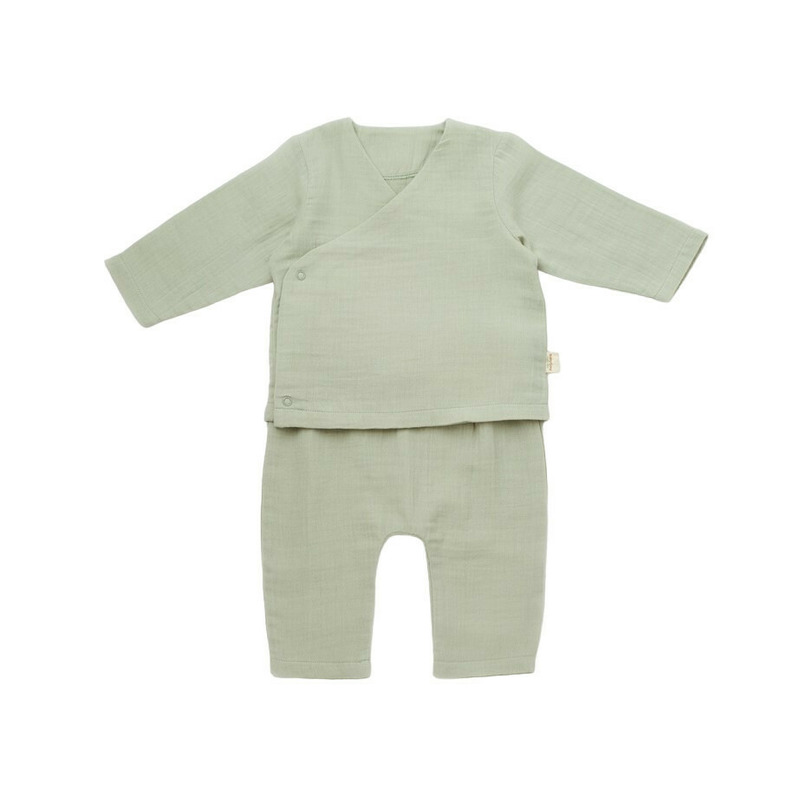Set bluzita petrecuta si panataloni lungi din muselina, baby cosy, 100% bumbac organic, verde (marime: 18-24 luni)