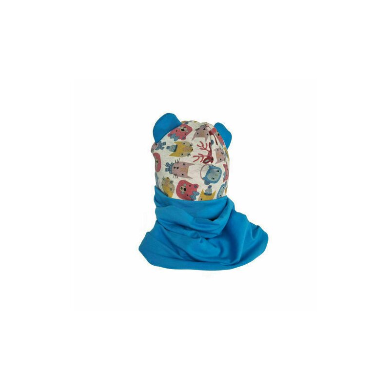 KidsDecor - Set caciula cu protectie gat Blue Animals pentru copii 6-18 luni, din bumbac