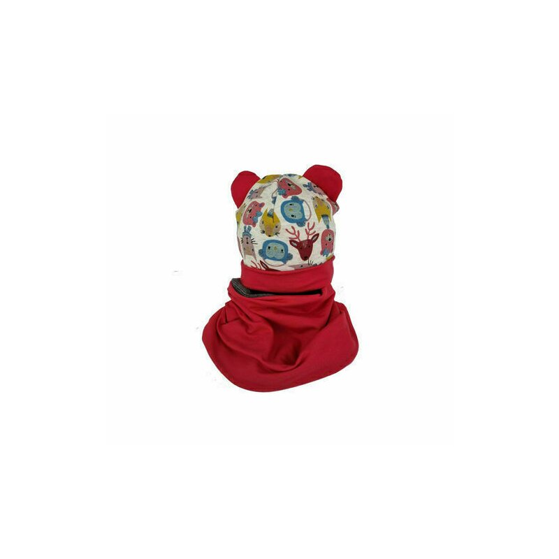 KidsDecor - Set caciula cu protectie gat Red Animals pentru copii 18-36 luni, din bumbac