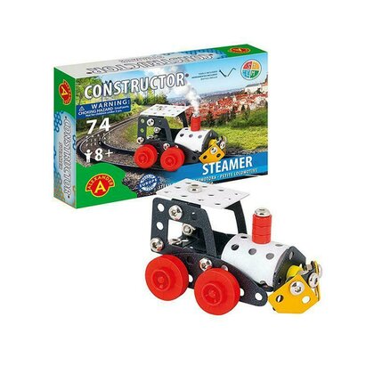 Alexander Toys - Set de constructie Vehicul Steamer Locomotiva cu aburi , Constructor , 74 piese metalice