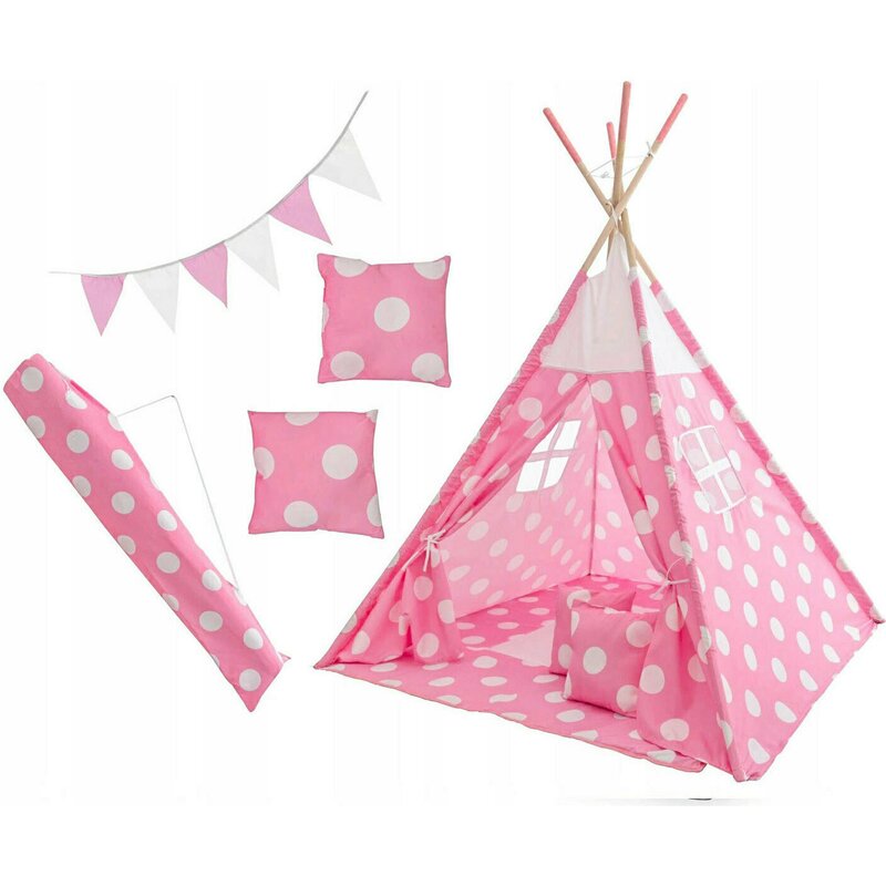 Tutumi - Set cort copii XXL Teepee, Cort, Covoras, 2 Perne, Ghirlanda si Geanta depozitare, Buline Roz/Alb