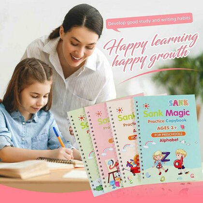 Kidscare - Set cu 4 caiete de lucru si stilou magic pentru scris si desenat Sank Magic, rechizite scolare, multicolor, 19 cm X 13 cm