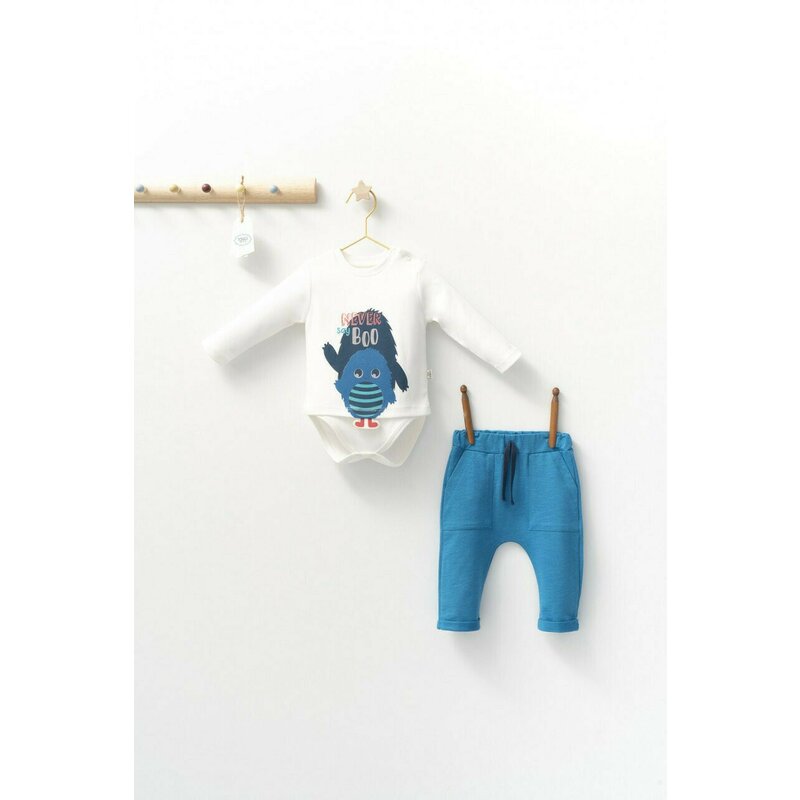 Tongs baby - Set cu pantalonasi cu buzunare si body cu maneca lunga pentru bebelusi Monster, (Culoare: Albastru, Marime: 18-24 Luni)