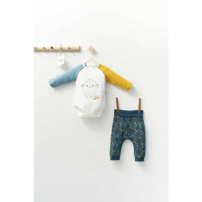 Tongs baby - Set cu pantalonasi si body cu maneca lunga pentru bebelusi Monster, (Culoare: Bleumarin, Marime: 9-12 luni)