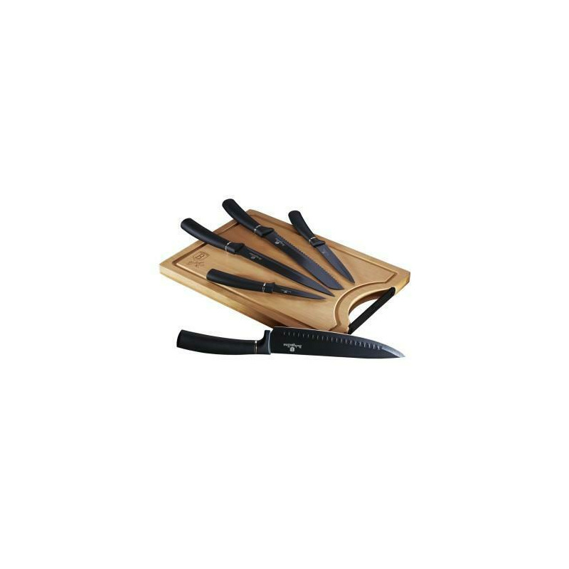 Set cutite otel inoxidabil, 6 piese, cu tocator din bambus, black silver collection, berlinger haus, bh 2549