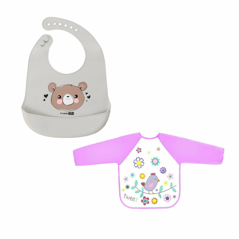 Set de 2 bavete, cu buzunar, din silicon, bpa free, freeon, 31 x 24 cm si cu maneca lunga, impermeabila, 40x35 cm, bear grey/bird