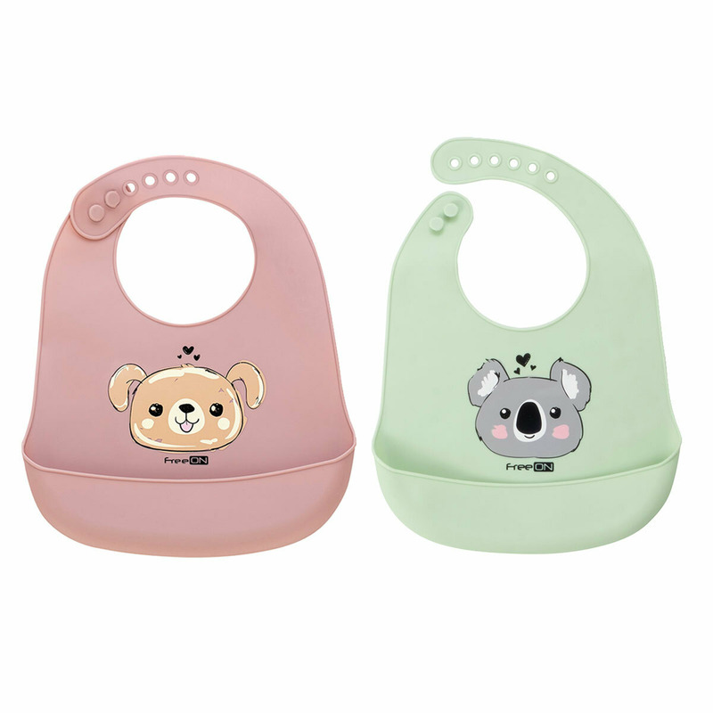 Set de 2 bavete moi, din silicon, bpa free, cu buzunar, freeon, 31 x 24 cm, panda green/puppy brown
