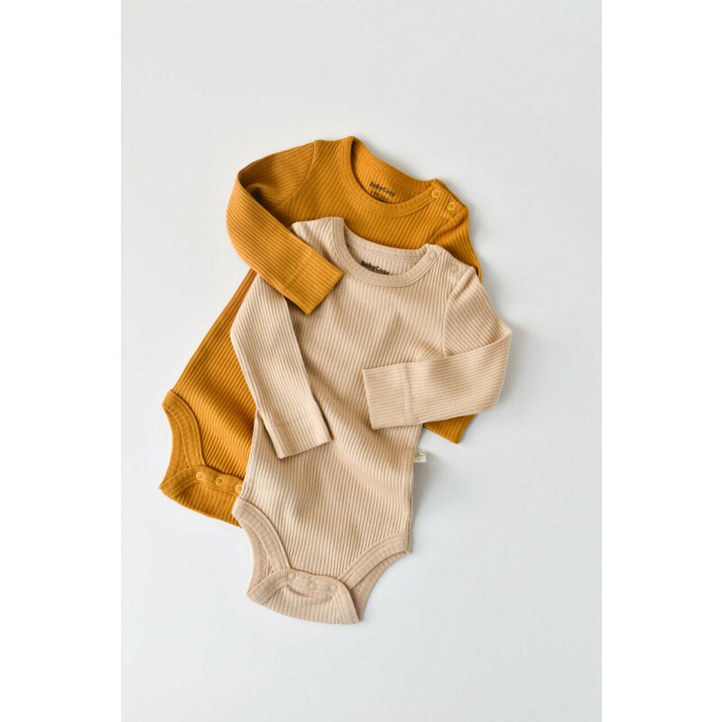 Set de 2 body-uri cu maneca lunga din bumbac organic si modal - mustar/somon (marime: 0-3 luni)