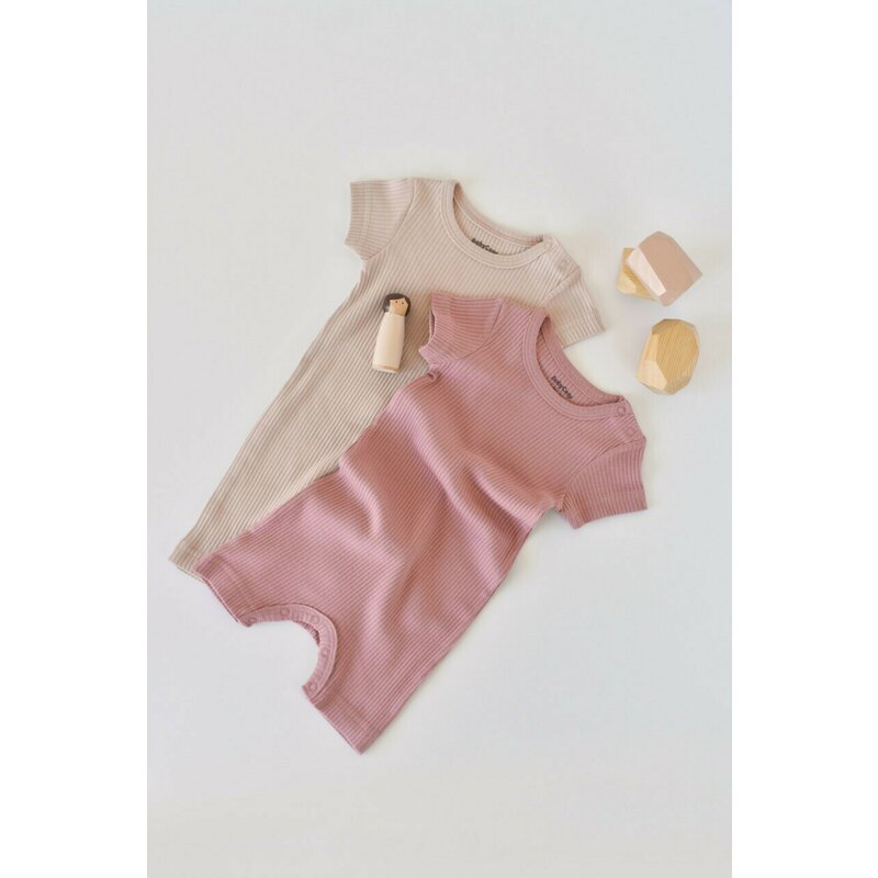 Babycosy - Set de 2 salopetele cu maneca scurta din bumbac organic si modal - Roz/ Blush (Marime: 0-3 Luni)