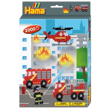 Hama - Set de 2000 buc margele de calcat  Midi cu 1 planseta in cutie de cadou cu agatator Pompierii